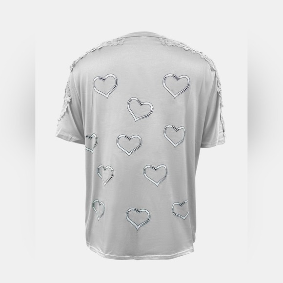 Full Size Lace Detail Heart Round Neck Short Sleeve Top - Picture 2 of 5